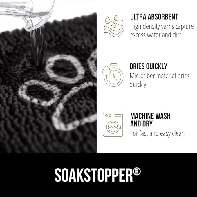 GORILLA GRIP SoakSTOPPER Dog Door Mat, Machine Washable Rug Absorbent Doormat Captures Moisture Mud Dirt, Quick Dry Soft Chenille Entryway Rugs Indoor Entrance Mats for Dog Paws, 24x17 Black White