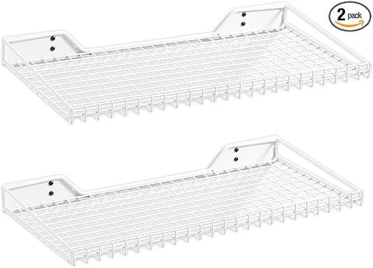 Wallmaster Heavy Duty Garage Wall Shelving 2 Pack 23.6"x11.8" Metal Wire Shelves Wall Mount Mesh Storage Rack for Garage, Office, Basement and Kithcen, max Load 65 lbs (White)