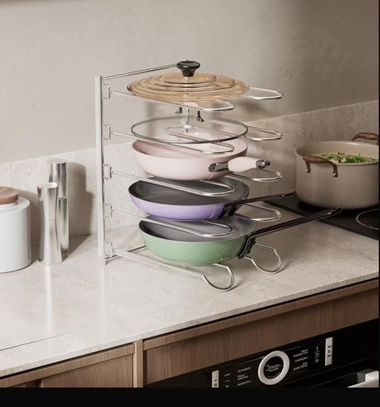 JAQ Pots and Pans Organizer, 13.18 inch Heavy Duty Pot Lids Rack Holder Adjustable Height for Muffin Tins, Baking Sheets, Skillets,Cookware,Bakeware in Cabinets Shelf Countertop Pantry