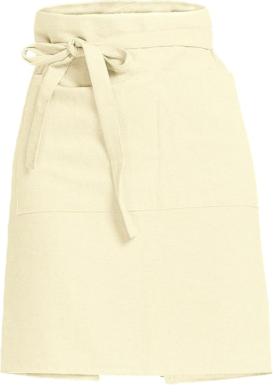 Cityelf Linen Server Apron Cotton Bistro Half Apron with Large Pockets Waist Kitchen Apron for Cooking Waitress