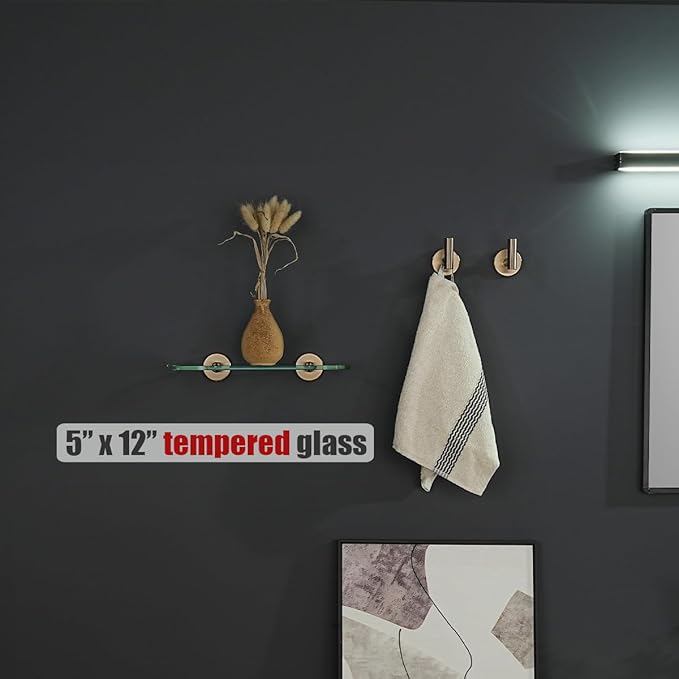 JQK Bathroom Glass Shelf, Tempered Glass Shower Storage 12 by 5 inches, 304 Stainless Steel Champagne Bronze Wall Mount, TGS121L12-CB