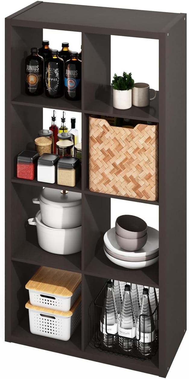 Furinno Hermite 8-Cube Open Shelves Kitchen Storage, Kitchen Island, Bakers Rack, Buffet Sideboard, Black Dark Oak