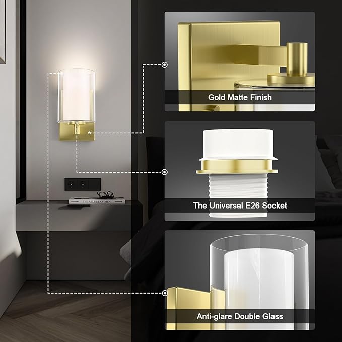 Kalium Bathroom Wall Sconces Set of Two Gold Double Clear Glass Shade Modern Vanity Lights Indoor Farmhouse Wall Light for Bedroom Living Room Hallway Bulb E26 Base (Bulbs Not Included)