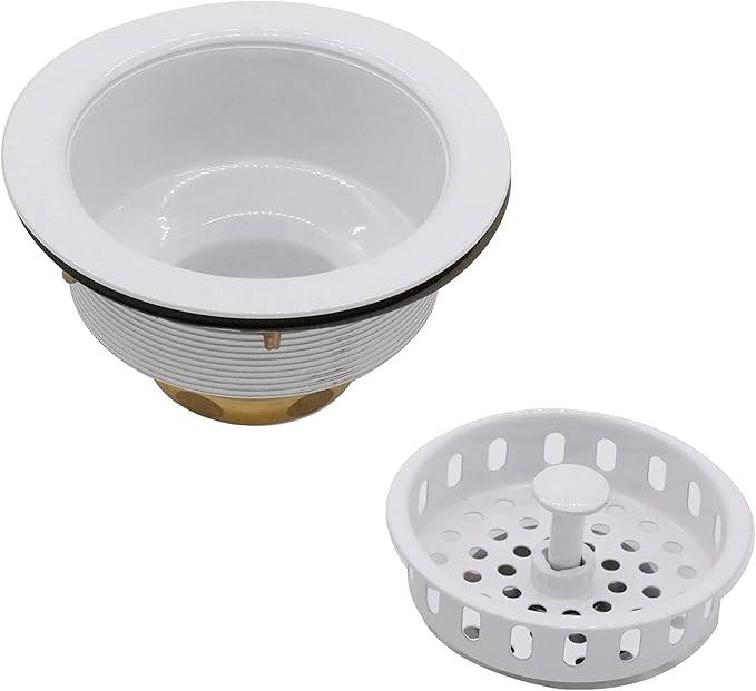 Westbrass D2165-50 Post Style Large Kitchen Basket Strainer with Waste Disposal Flange and Stopper, Powder Coat White