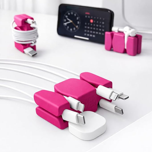 CordBrick Stocking Stuffers for Adults Cord Management Weighted Cord Holder Cable Wrap Phone Stand - Multiuse Gadget Organizer for Nightstand, Desk. Gift for Men, Durable Silicone. 1 pk Pink