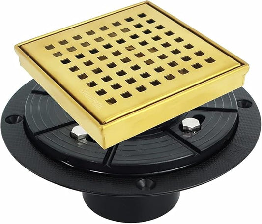 Neodrain 4 in Brushed Gold Square Shower Drain with Removable Quadrato Pattern Grate, PVC Shower Drain Base and Rubber Gasket, Golden 4" Shower Drainage,CUPC Certified, Hair Strainer