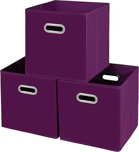 Fabric storage bins Cubes, Fabric Cube Organizer with Handle, Foldable Cube Bins for Cloth or Accessary Storage, 11x11x11, Set of 3, (Purple)