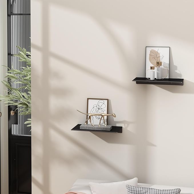 Danpoo Small Floating Shelves for Wall Storage, Mini Display Shelves for Collectibles, Metal Wall Shelves for Bathroom/Living Room/Kitchen/Bedroom(Black, 8")