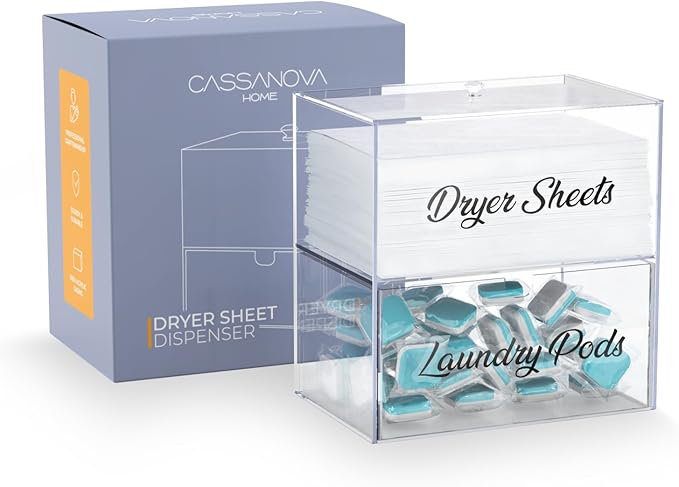 Dryer Sheet Holder, Acrylic Dryer Sheet Dispenser with Anti Slip Pads, Laundry Pod Container, Laundry Room Organization Dispenser, Laundry Pod Holder, Clothes Pins, Dryer Balls Storage