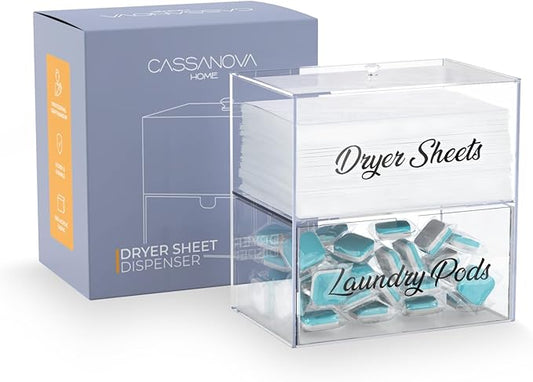Dryer Sheet Holder, Acrylic Dryer Sheet Dispenser with Anti Slip Pads, Laundry Pod Container, Laundry Room Organization Dispenser, Laundry Pod Holder, Clothes Pins, Dryer Balls Storage