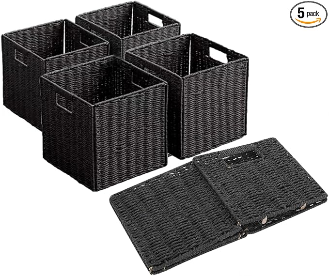10.5x10.5'' Set of 5 Cube Storage Baskets, Natural Black Paper Rope Multipurpose Collapsible Organizers, Woven Laundry Totes for Laundry, Storage Cubes,Wicker Baskets Laundry Organizer Totes for Home