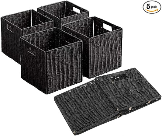 10.5x10.5'' Set of 5 Cube Storage Baskets, Natural Black Paper Rope Multipurpose Collapsible Organizers, Woven Laundry Totes for Laundry, Storage Cubes,Wicker Baskets Laundry Organizer Totes for Home