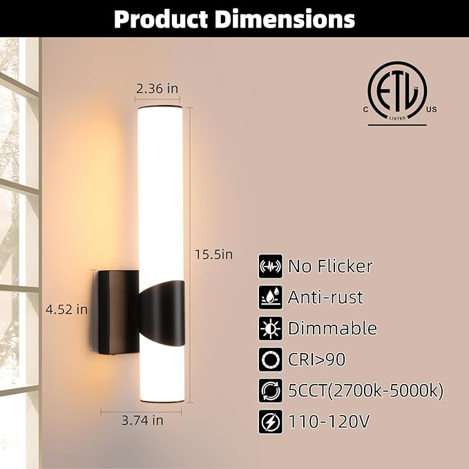 Black Wall Sconce 5CCT Dimmable Bathroom Sconce with Acrylic Shade LED 15 inch Hardwired Wall Light Fixtures for Bathroom Living Room Bedroom Hallway