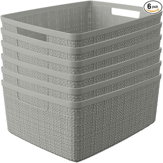 Curver Set of 6 Medium 12L Jute Decorative Plastic Organization and Storage Baskets - Perfect Bins for Home Office, Closet Shelves, Kitchen Pantry and All Bedroom Essentials, Grey