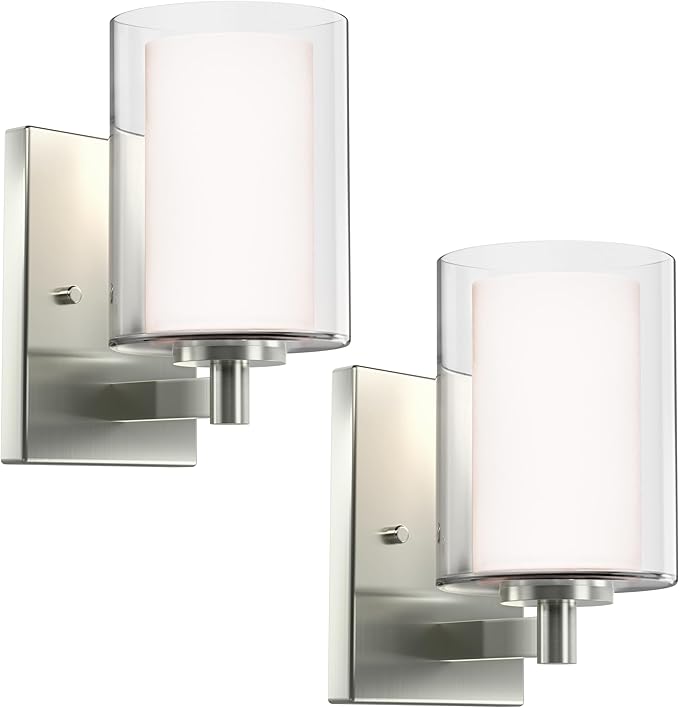 Kalium Wall Sconces Set of Two Modern Vanity Lights with Double Clear Glass Shade Brushed Nickel Indoor Farmhouse Wall Light for Bathroom Living Room Bedroom Hallway Bulb E26 Base (2PCS)