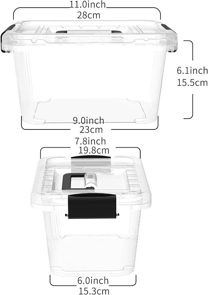 Lidded Storage Bin, Tote Organizing Container with Handle and Buckles, Stackable, Plastic, Clear, 6.8Qt, Pack of 12