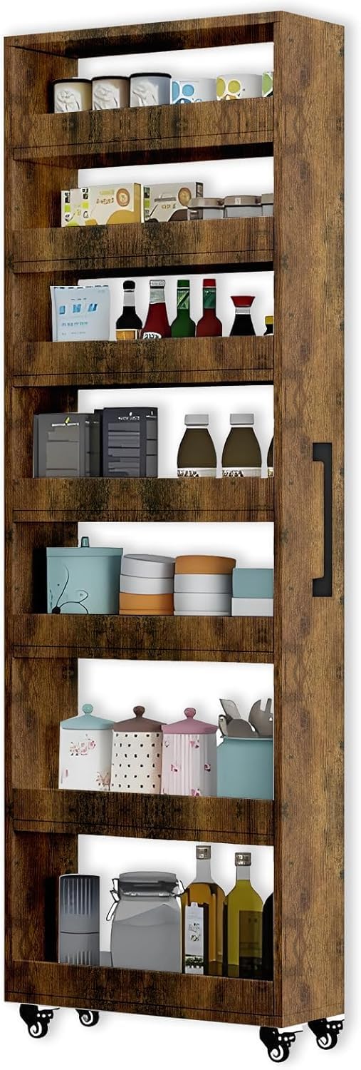 7-Tier Slim Rolling Storage Cart, Wooden Narrow Pantry Cabinet - Image 1