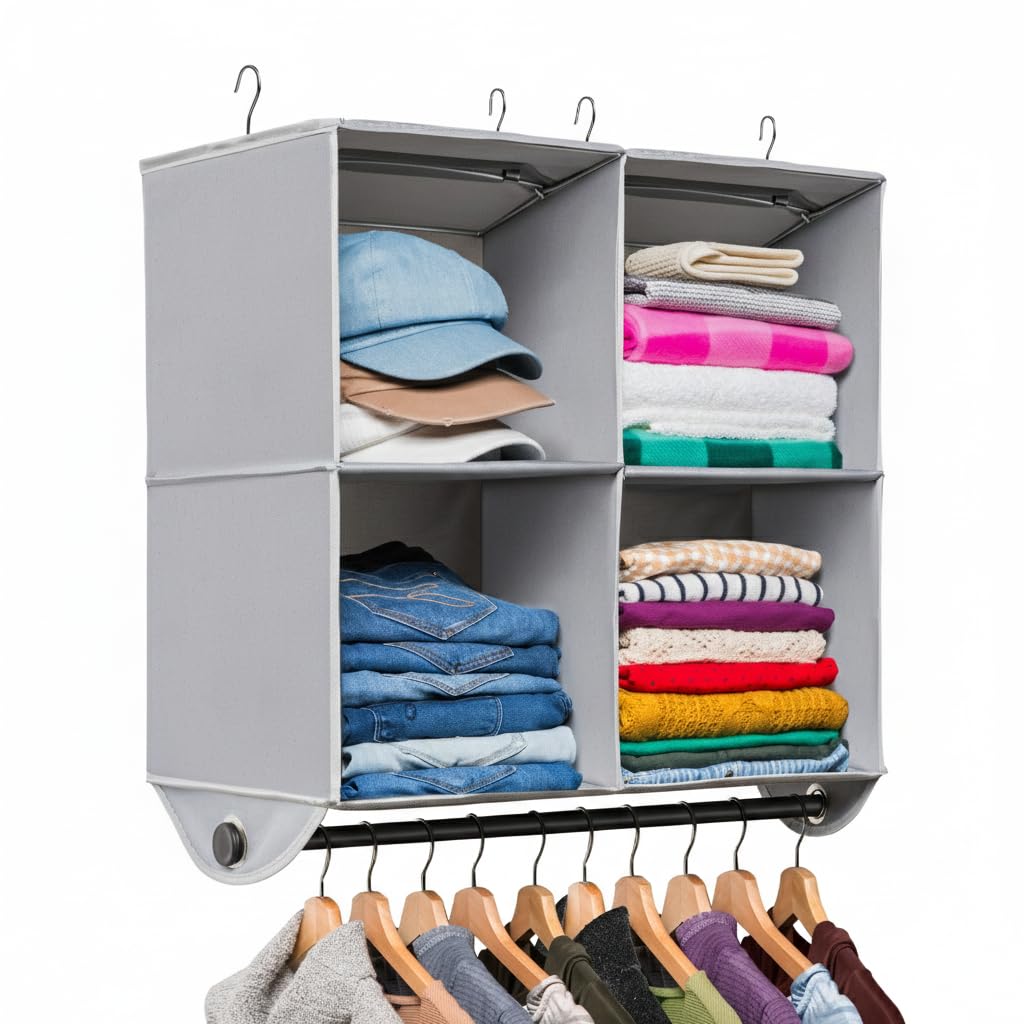 HOLDN’ STORAGE Hanging Closet Organizer with Garment Rod, 4-Shelf - Image 1