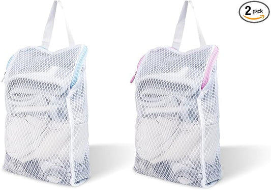 2 PCS Honeycomb Mesh Laundry Bag with Handle, 13.3 x 7.8 Inch Zippered Mesh Laundry Bag, Extra Large Opening, Side Widening, for Washing Socks, Baby Items, Lingerie, Travel Garments (Pink and Blue)