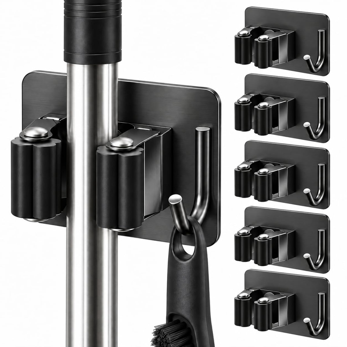 Broom Holder Wall Mount Self Adhesive 5 Pack, Matte Black - Image 1