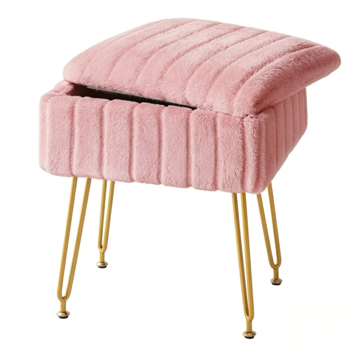 FUXA Vanity Stool Chair with Storage, Faux Fur and Metal Legs - Image 1