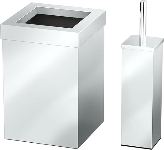 Gatco Small Bathroom Trash Can With Lid And Toilet Brush Set, Square 3 Gallon Stainless Steel Wastebasket, Under Sink, Chrome, For Bathroom, Bedroom, Office (2970)