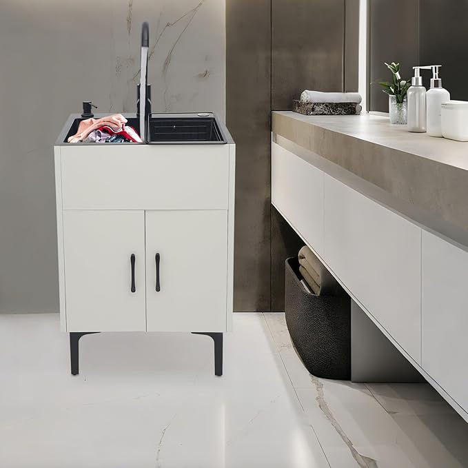 20-Inch Laundry Sink with Cabinet & 360° Swivel Hot/Cold Faucet, Freestanding Kitchen Sink Cabinet with Stainless Steel Sink & Drain Basket, White Cabinet with Sink for Laundry&Utility Room
