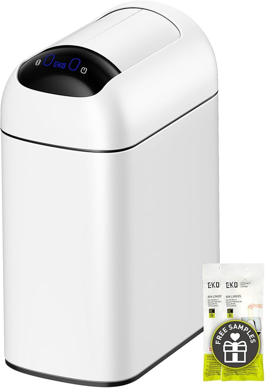 EKO Astro Slim Sensor Trash Can, 10L / 2.6 Gallon Touchless Garbage Bin with Soft-Close Butterfly Lid, Motion Sensor Stainless Steel Garbage Can for Bathroom, Kitchen, Office, Matte White, Waterproof