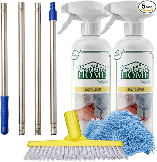 CHOMP! Grout Cleaner Bundle, Includes Long Handle Stand Up Brush, Refreshes Grout and Removes Stains on Tile Floors and Bathroom Walls & Kitchens (5 Pack Set)