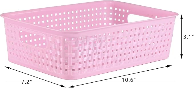 6-Pack Plastic Small Shelf Storage Weave Baskets, Multi-Purpose Pink Open Containers for Shelving Pantry Cabinet Small Stackable Storage Bins for Organizing