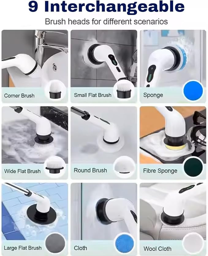 Kreech Electric Spin Scrubber, 9 in 1 Cordless Shower and Kitchen Cleaner Brush with Long Handle, Fast Charge, IPX7 Waterproof, Adjustable Speeds