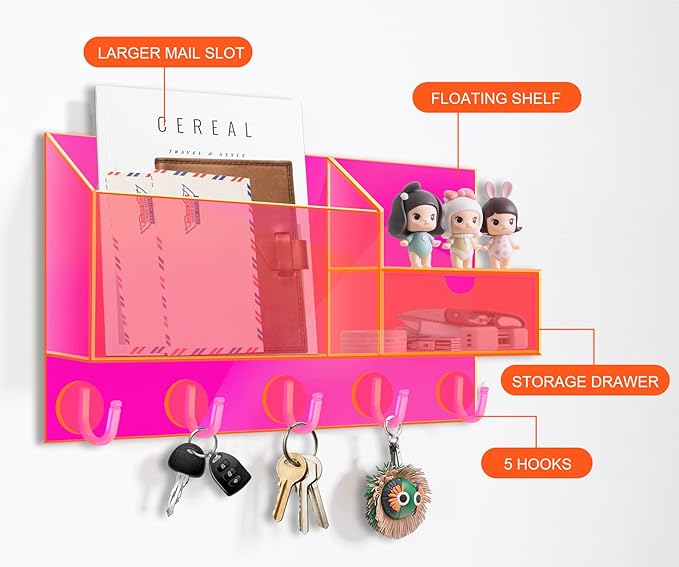 Acrylic Key Holder Wall Mount Mail Organizer for Wall with Shelf Storage Drawer and 5 Hooks, Neon Pink