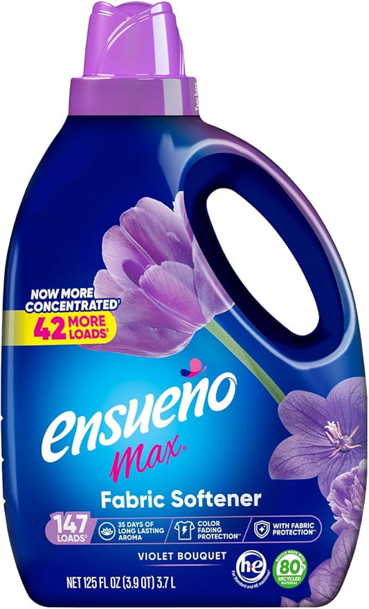 Ensueño Max Liquid Fabric Softener - Violet Bouquet Scent - 125 fl oz - Color-Safe Fabric Softener Liquid - Softens 123 Loads - Reduces Wrinkles & Static