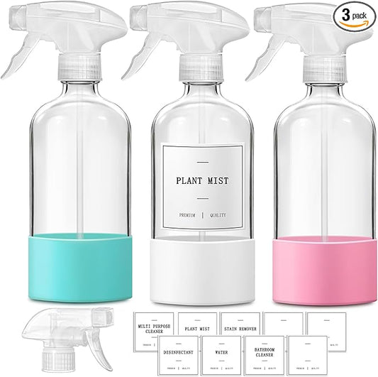 Glass Spray Bottles for Cleaning, 3 Pack Clear Empty Spray Bottle for Cleaning Solutions, 17 fl oz Reusable Spray Bottle for Plants with Silicone Boot, Cleaning Spray Containers with Labels