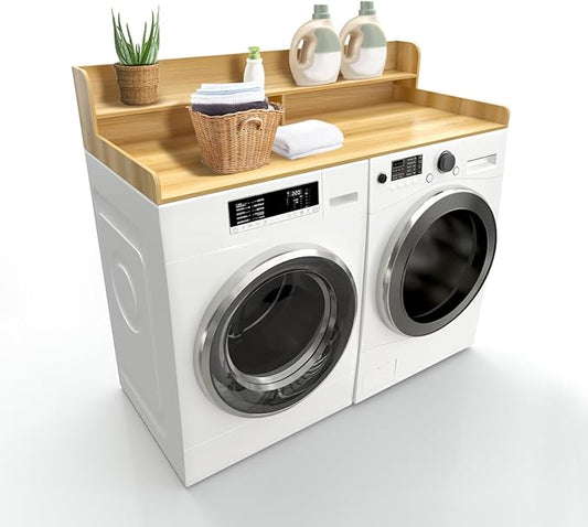 Wooden Laundry Countertop with 2 Tier Shelf, 54" x 27.5" Washer and Dryer Countertop with Topper Organization Waterproof Surface, Universal Fit (Burlywood, 54X27.5IN)