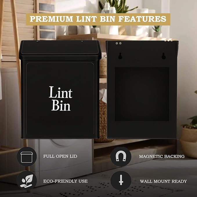 Magnetic Lint Bin for Laundry Room Organization & Storage, Wall-Mounted Dryer Lint Bin Trash Can with Lid, Lint Box Includes Brush, 2 White Hooks, 1 Black Hook, Screws & Magnet Glue (Black)