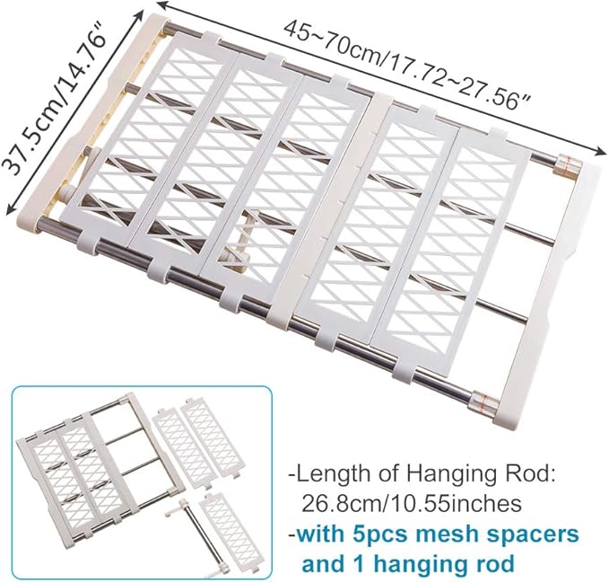 BAOYOUNI Expandable Closet Shelf Rod Clothes Storage Rack Organizer Separator Space Saving with 5 Mesh Spacers and 1 Hanging Rod, 17.72-27.56 in