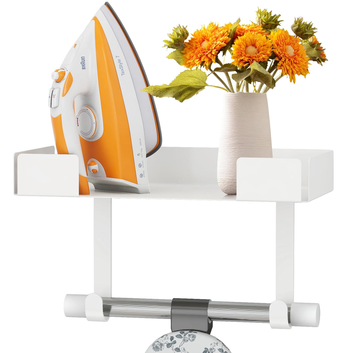 Ironing Board Holder, Iron Board Storage Hanger White-with Shelf - Image 1