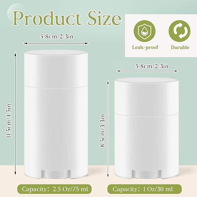 50 Pack White Empty Deodorant Containers, 75ml/2.5oz, Bottom Filling, Refillable Deodorant Tubes Lipstick Balm Tubes Twisted, Plastic Oval for Homemade DIY Aromatherapy, Balm, Lotion
