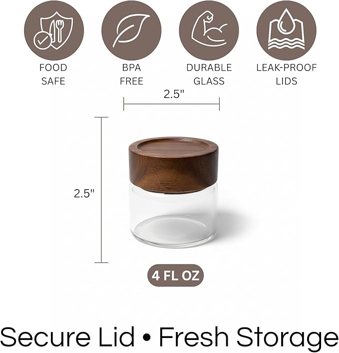 Wide Mouth Glass Storage Jars With 2.5" Acacia Wood Lids - 4 Pack of 4 Oz Food Storage Containers - Borosilicate Glass Canisters Sets For Kitchen - Pantry Organizers and Storage for Rice Coffee Beans