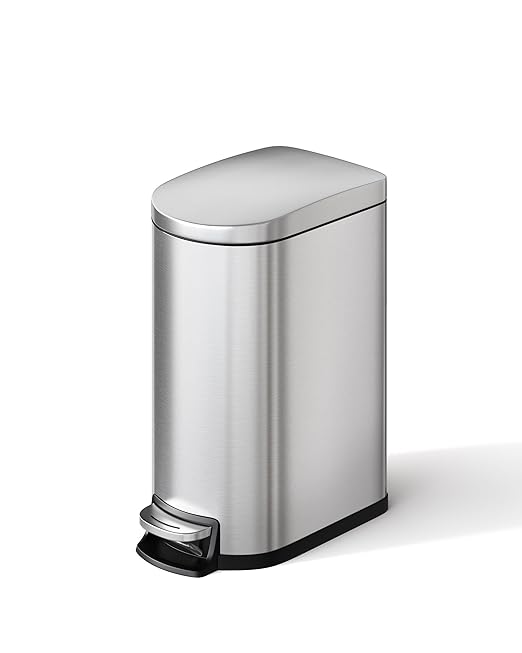 Stainless Steel Bathroom Trash Can with Lid, Slim Waterproof Garbage Can, Small Step-on Metal Trash Bin with Soft Close Lid, Inner Bucket & Rear Handle for Bathroom, Bedroom, Kitchen
