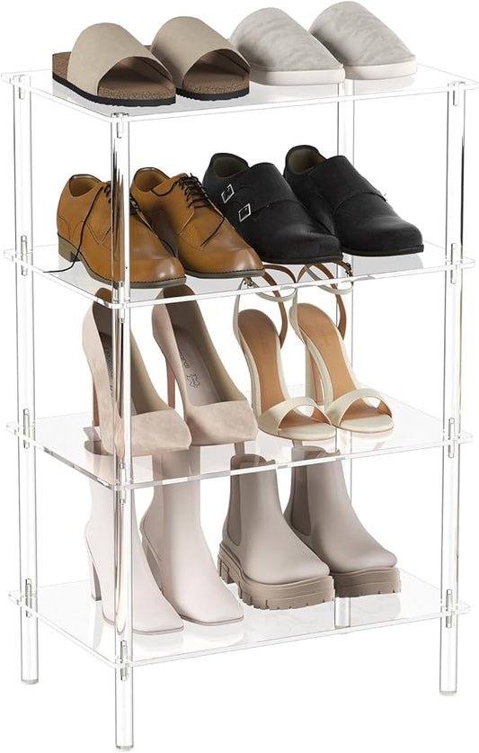 Aquiver Acrylic Small Shoe Rack - 18.1'' L x 11.8'' W x 28.5'' H - 4 Tier Shoe Rack for Front Door Entrance, Entryway, and Closet - Shoe Organizer Narrow Shoe Storage Shelf (Clear)