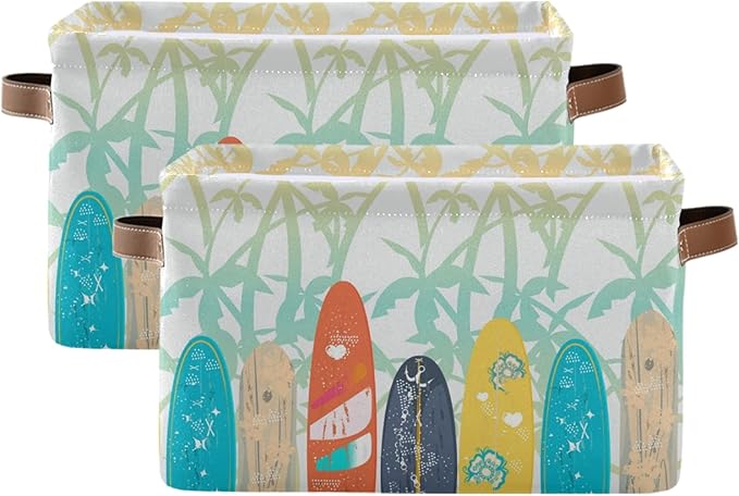 susiyo Large Foldable Storage Bin Palm Trees Surf Boards Fabric Storage Baskets Collapsible Decorative Baskets Organizing Basket Bin with PU Handles for Shelves Home Closet Bedroom Living Room-1Pack