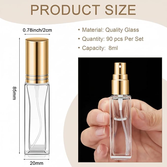 Domensi 90 Pcs 8 ml Empty Glass Perfume Bottles Bulk - Gold Refillable Cologne Spray Atomizer with Pump, for Travel, Skincare, Haircare, Cleaning & DIY Essentials