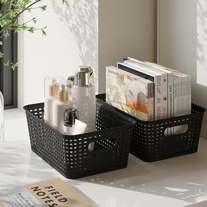 6-Pack Plastic Storage Bins with Lids, Stackable Organizer Baskets & Containers for Pantry, Kitchen, Cabinet, Closet, Bathroom Organization Toys, Space Saving, Easy-Carry Handles,Black
