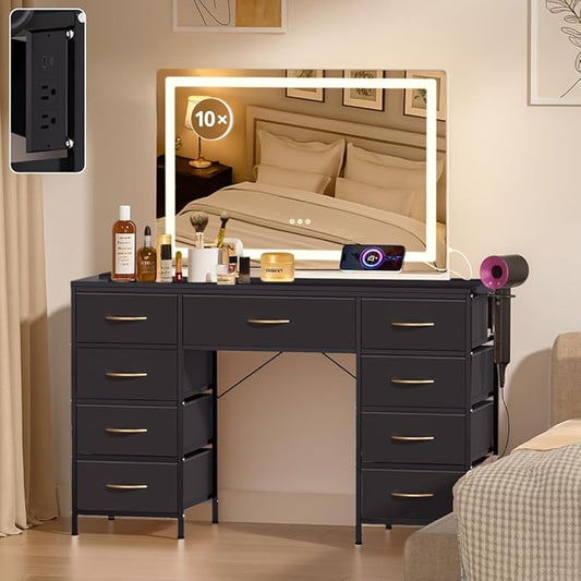 COMHOMA Vanity Desk with Large Mirror,LED and Power Outlet,Makeup Table with 9 Storage Drawersand HD Mirrors,3 Color Modes Adjustable Lighting for Bedroom Dressing Room (Black, 35inch)