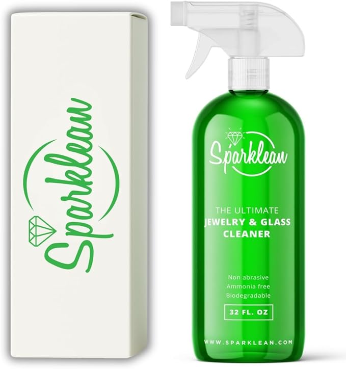 SPARKLEAN Jewelry & Glass Cleaner Spray (32 Oz) - Biodegradable, Ammonia-Free Solution for Gold, Silver & Diamond Rings - Safe for Ultrasonic Machines - Eco-Friendly - Bulk Size