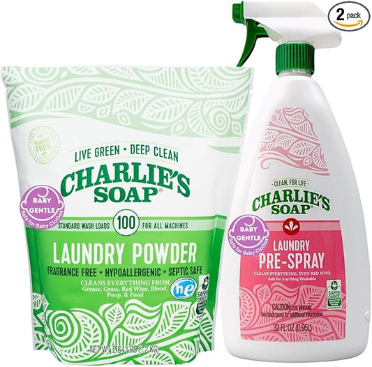 Charlie’s Soap Baby Variety Pack Pre Spray 32 Oz, Laundry Powder (100 Load), Bundle (Pack of 2)