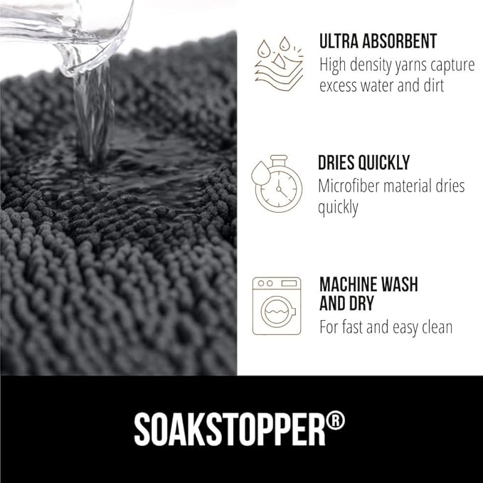 GORILLA GRIP SoakSTOPPER Dog Door Mat, 70x24 Machine Washable Rug Absorbent Doormat Captures Moisture Mud Dirt, Quick Dry Soft Chenille Entryway Rugs Indoor Entrance Mats for Dog Paws, Charcoal