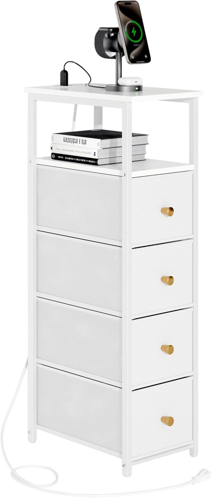 Narrow Storage Cabinet for Small Spaces Slim Bathroom Dresser with Drawers Tall Thin Storage Organizer for Bathroom Bedroom Skinny Cabinet(White, 4 Drawers with Charging Station)